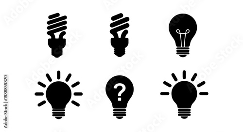 Minimalist light bulb icon set, 6 black vector lightbulb symbols, energy saving lamps