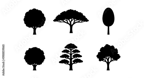 Black tree silhouettes set, 6 nature vector icons, minimalist forest plant collection