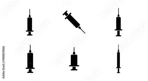 Medical syringe icon set, black injection needle silhouettes, 6 vaccine vector elements