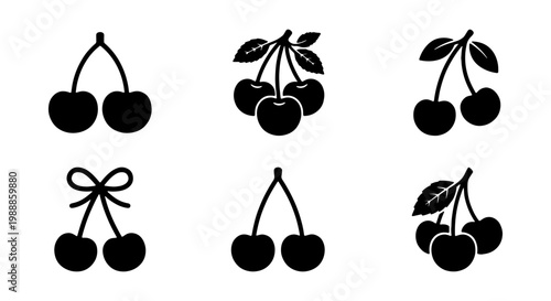 Black cherry icon set, 6 vector fruit silhouettes, minimalist berry food illustrations