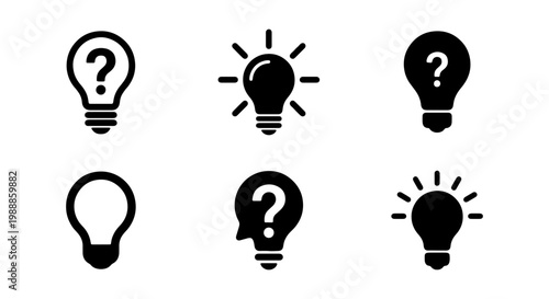 Light bulb icon set, creative idea symbols, question mark problem solving vector icons
