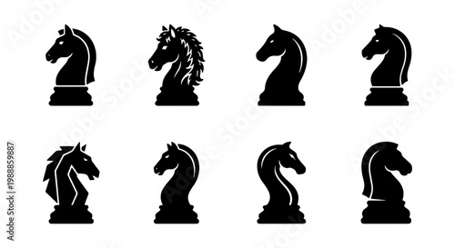 Chess knight icons set, black horse head silhouettes, 8 vector game pieces for strategy