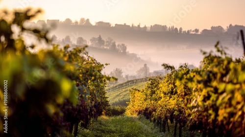 nebbiolo. Nebbiolo vineyard on Piedmont hills at sunrise with morning mist over grapes. menu design, packaging mockups, designed for culinary blogs and recipe cards for restaurants.
