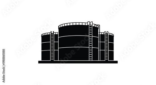 A stark black silhouette depicts several large cylindrical storage tanks likely for oil or gas