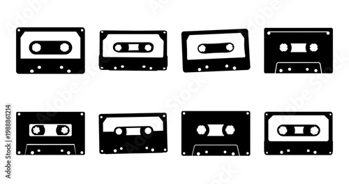 A Collection of Eight Black and White Cassette Tape Icons or Silhouettes