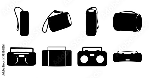 A collection of black and white illustrations of various types of speakers