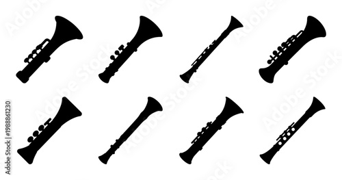 Silhouette Collection of Clarinets and Musical Instruments on a White Background
