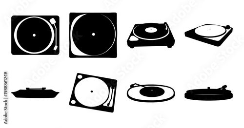 Assorted Turntable Silhouettes in Black and White for Music Enthusiasts