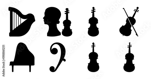 Silhouetted Musical Instruments and a Woman's Profile Showcase Musical Artistry