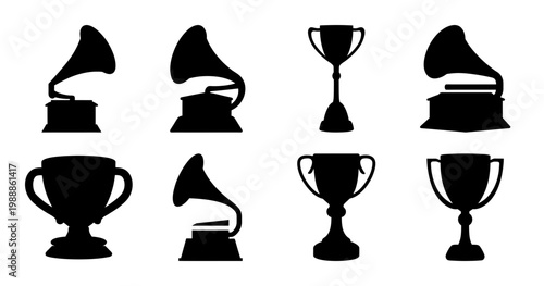 Silhouettes of Vintage Gramophones and Trophies Representing Musical Excellence and Awards