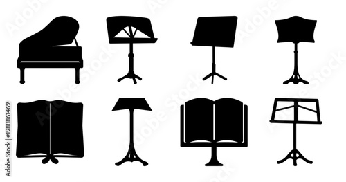 Musical instruments and stands in black silhouette on a white background