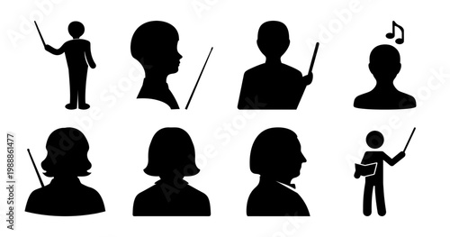 Silhouettes of educators and music teachers, instructional figures with pointer sticks and books