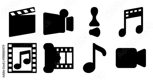 Collection of media and entertainment icons with music, film, and audio themes