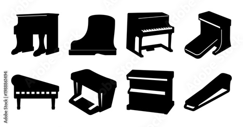 Variety of piano icons and silhouettes showcasing different piano types and angles