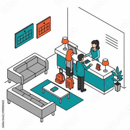 Receptionist and customer at hotel lobby.