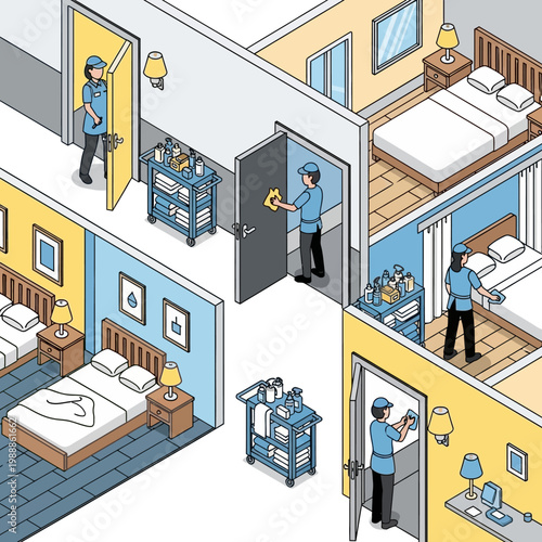 Hotel staff cleaning rooms efficiently daily.
