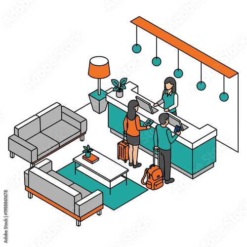 Reception Desk with Attendants and Guests.