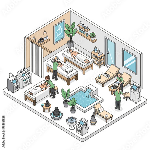 Spa interior with massage beds pool.