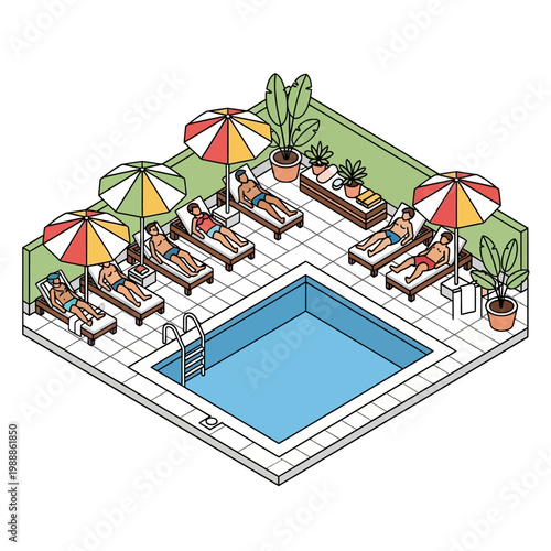 People Relaxing on Lounge Chairs by Pool.
