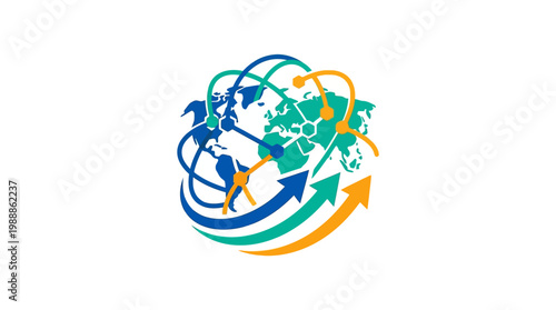 Colorful World Map with Arrows Depicting Global Connections and Travel.