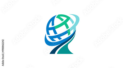 Modern abstract globe logo design with orbital rings, blue and green colors.