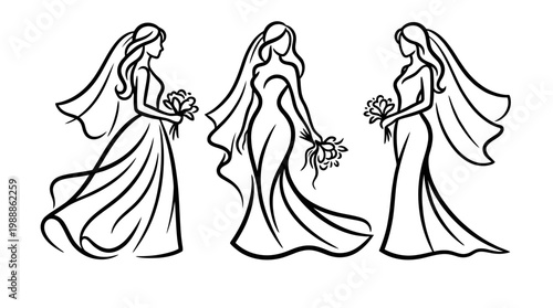 Elegant brides holding bouquets in beautiful wedding dresses, outlines.