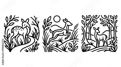 Elegant Deer in Natural Habitats Depicted in Line Art Style.