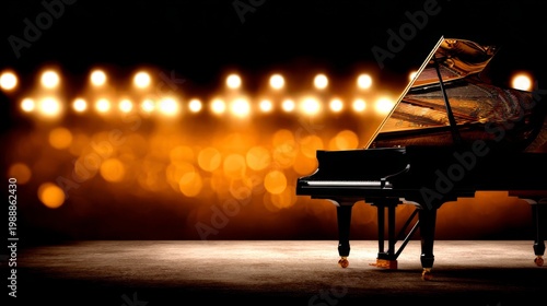 piano. Grand piano on stage under spotlight, elegant black finish reflecting lights, creating a musical ambiance. event programs.
