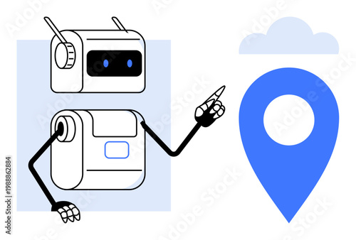 Navigation, robotics, technology, communication tools, GPS systems, digital location markers. Robot pointing to a map pin with cloud detail. Navigation and robotics themed visual