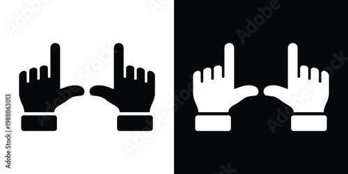 Two hands making a frame gesture icon. Minimalist creative perspective symbol for photography, focus, scouting, or framing a shot. Black and white vector flat design of human hand gesture.