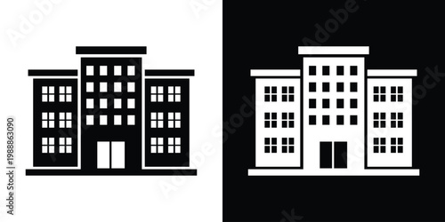 Modern office building or apartment complex flat icon. Minimalist architecture symbol for real estate, urban city development, or corporate headquarters. Simple black and white vector design.