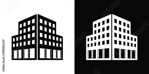 Modern office building or apartment complex flat icon. Minimalist architecture symbol for real estate, urban city development, or corporate headquarters. Simple black and white vector design.