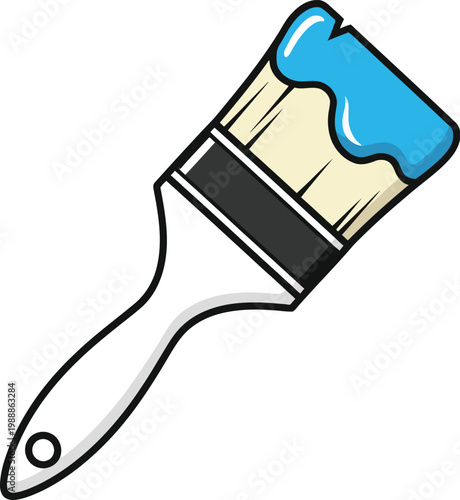 Paintbrush coated in thick blue liquid pigment rests against white backdrop.