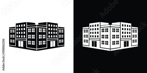 Modern office building or apartment complex flat icon. Minimalist architecture symbol for real estate, urban city development, or corporate headquarters. Simple black and white vector design.