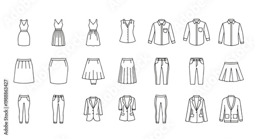 Fashion Flat Lay Icons of Womens Clothing and Outfits
