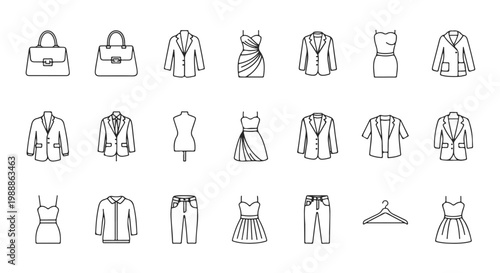 Fashion Icon Collection Set of Clothing and Accessories Line Art