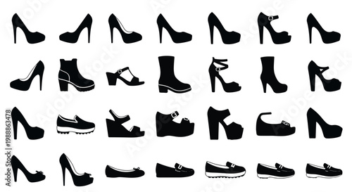 Fashion Shoe Collection Black Silhouette High Heels Boots and Flats