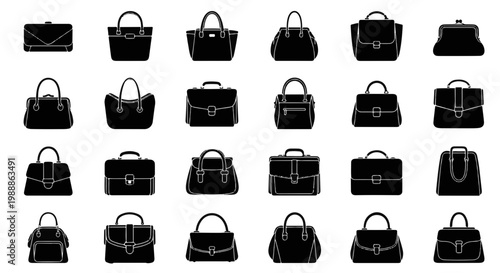 Fashionable Handbags for Women Collection Icons Set Black