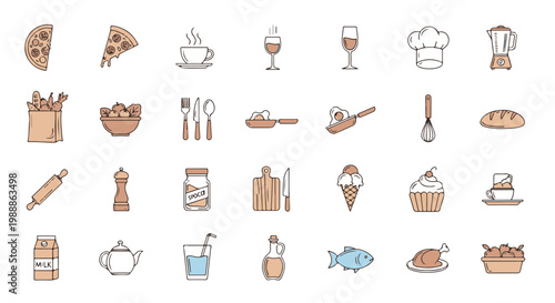 Hand Drawn Kitchen Utensils and Food Icons for Fashion Design