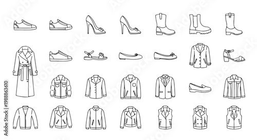 Fashion Collection with Clothes and Footwear Outline Icons Vector Fashion