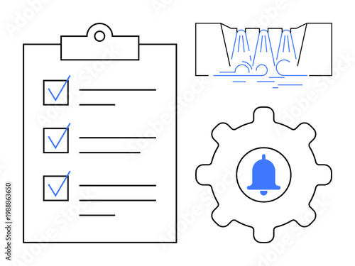 Business operations, project planning, automation, workflow optimization, task management, productivity. Items include a checklist on a clipboard, gear with a bell and an automation system. Workflow