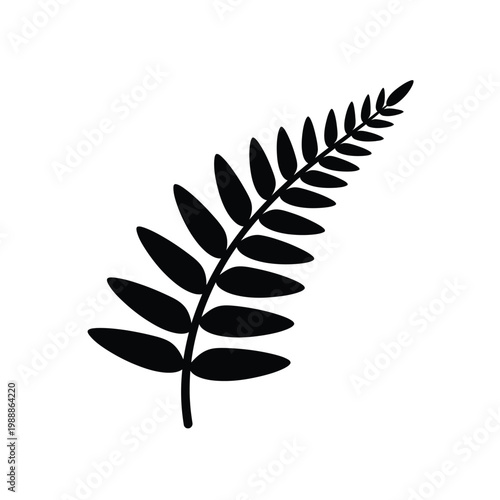 A single black fern frond is depicted against a white background.
