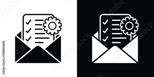 Email management and task automation icon. Open envelope with a checklist and gear symbol. Represents efficient communication, project processing, and workflow optimization.