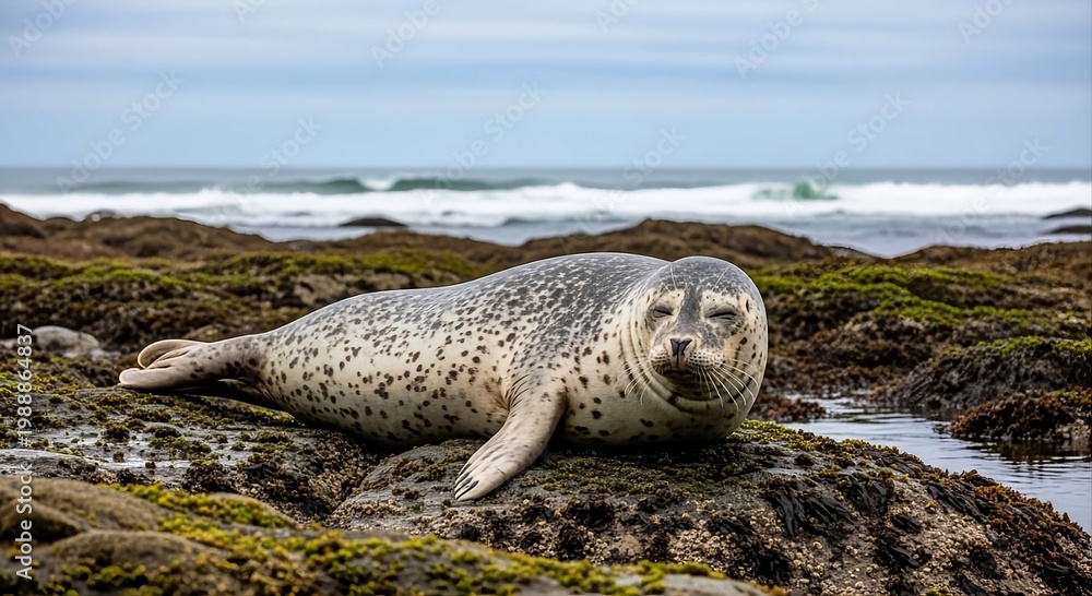 Fototapeta premium A seal resting on rocky shoreline with ocean waves in the background.
