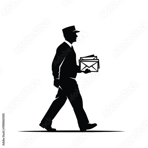 A silhouetted postal worker walks while carrying a stack of letters and envelopes.