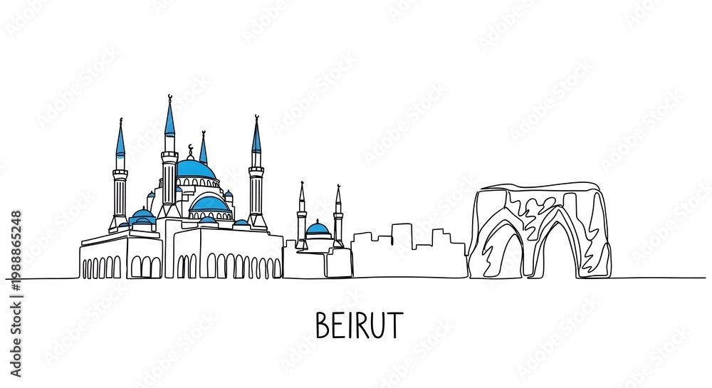 Naklejka premium Beirut Lebanon Skyline Continuous One Line Drawing Illustration