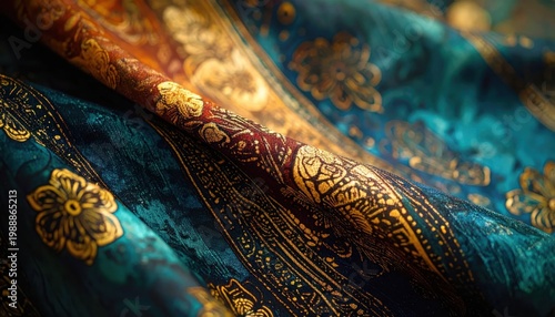 Luxurious Fabric with Golden Embroidery and Ornate Patterns.