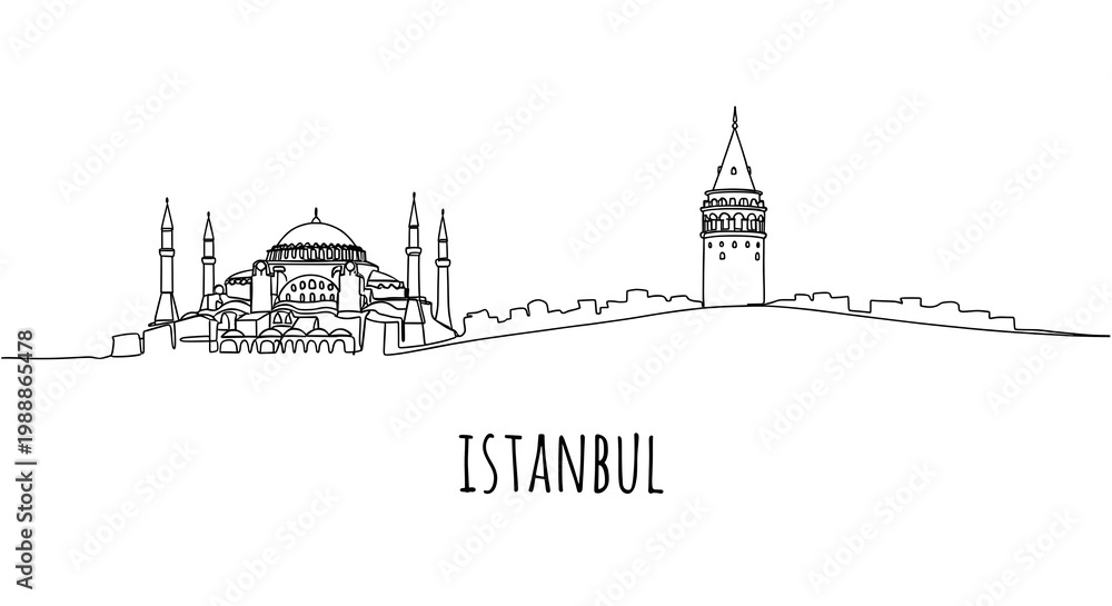 Obraz premium Istanbul Skyline One Line Drawing with Hagia Sophia and Galata Tower