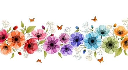 Rainbow Anemone Flower Border with Butterflies - Watercolor Floral Design