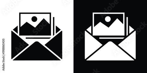 Digital photo attachment and image sharing icon. Open envelope with a landscape photograph inside. Minimalist black and white vector for multimedia messaging and gallery sharing.